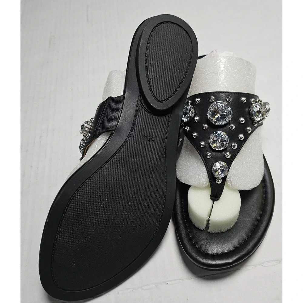 Marc Fisher‎ Womens Black Crystal Studded Thong Sandals Flat Slide Shoes 5.5M